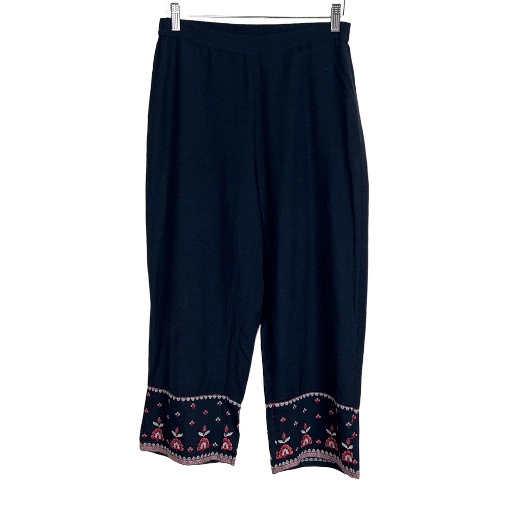 Globaldesi Womens Small Navy Blue Cropped Pants Embroidered Hem Boho Sustainable
